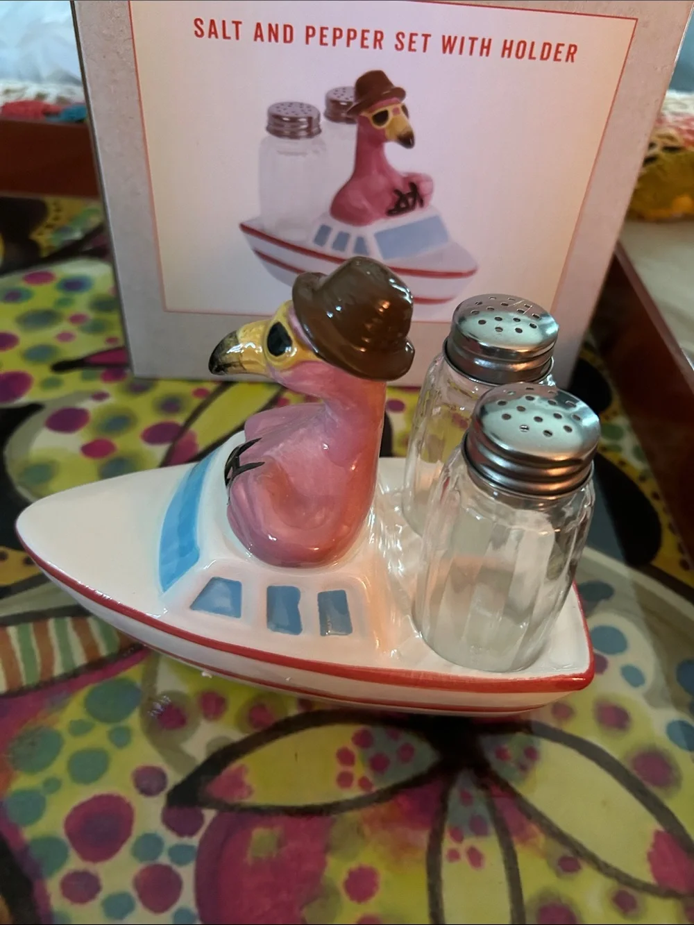 Pink Flamingo Salt & Pepper Set with Boat Holder